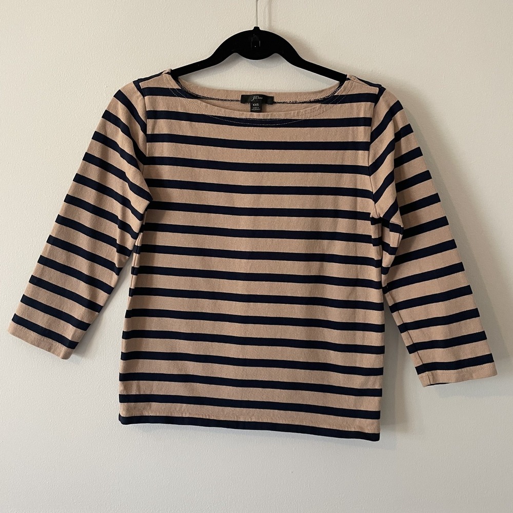 J Crew Classic Mariner Cloth Boatneck Striped Shirt Tan Navy Size XXS Minimalist